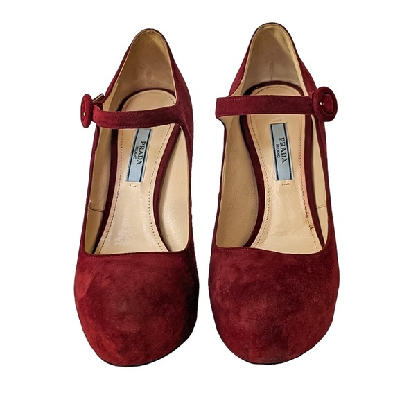 Prada Women’s Sz 37 Burgundy Dark Red Maroon Suede Mary Jane Platform Heels - Picture 3 of 9